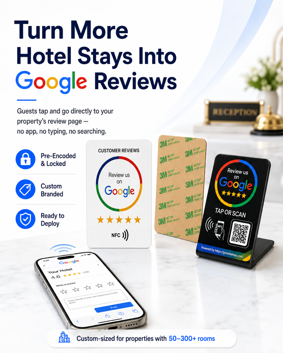 Complete custom hotel tap-to-review package with room cards and checkout stands