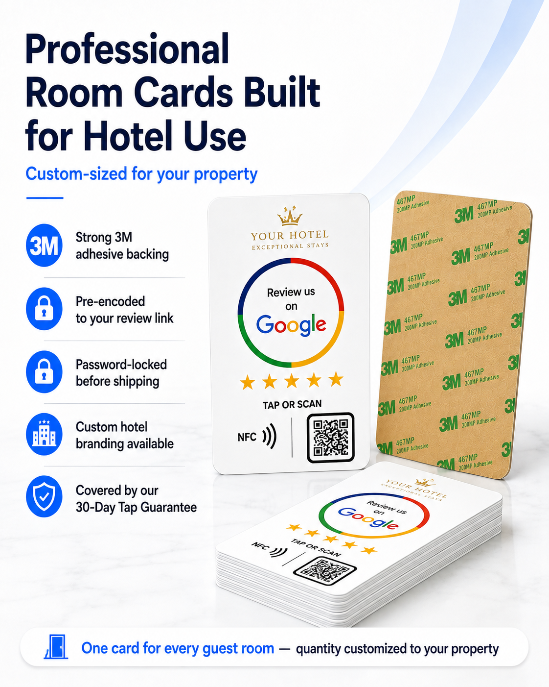 Professional branded NFC room review cards with 3M adhesive backing